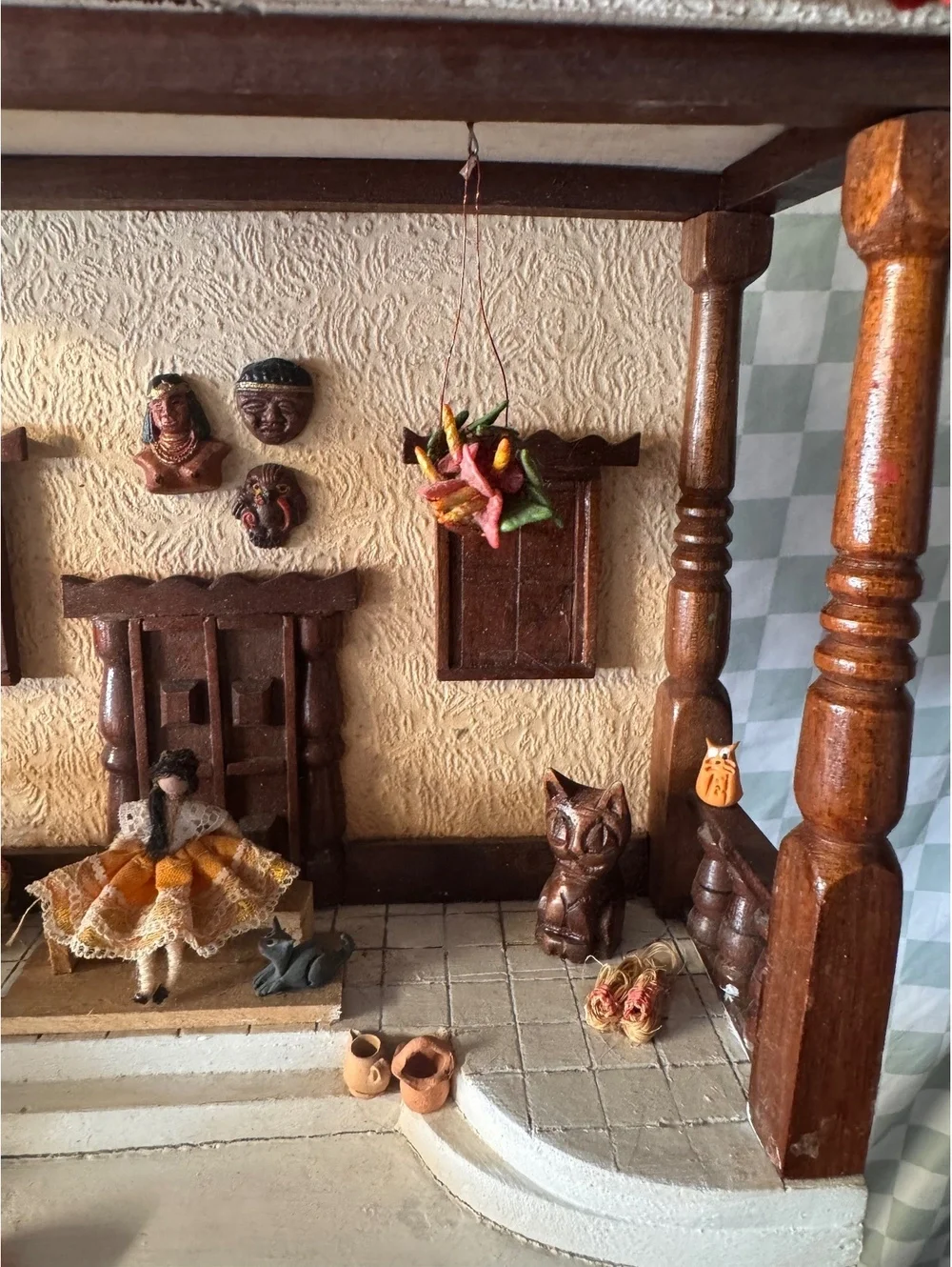 Handmade Rustic House Model with Red Tiled Roof and Detailed Decor